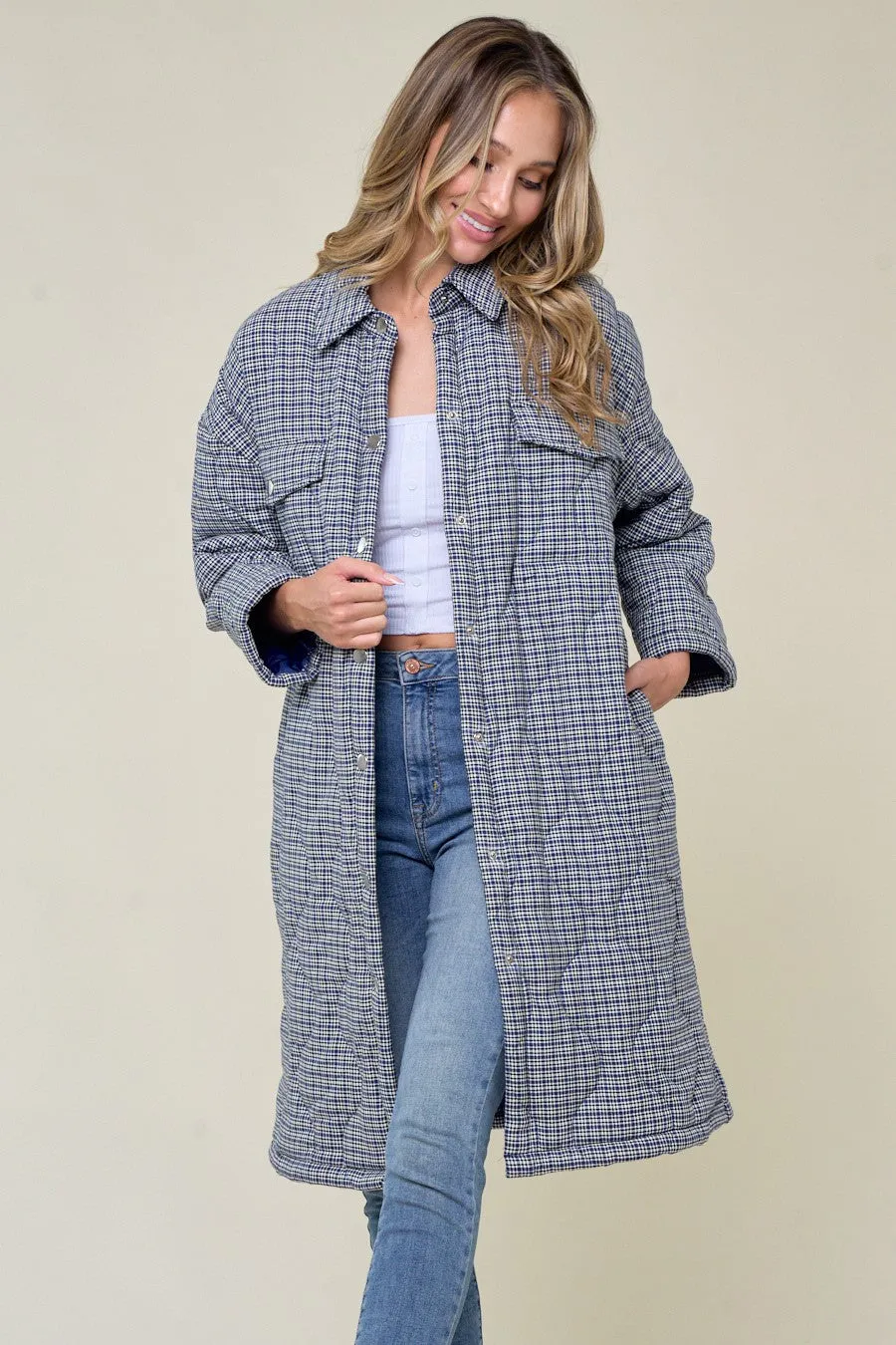 Women's Onion Quilted Checker Cotton Padded Long Coat