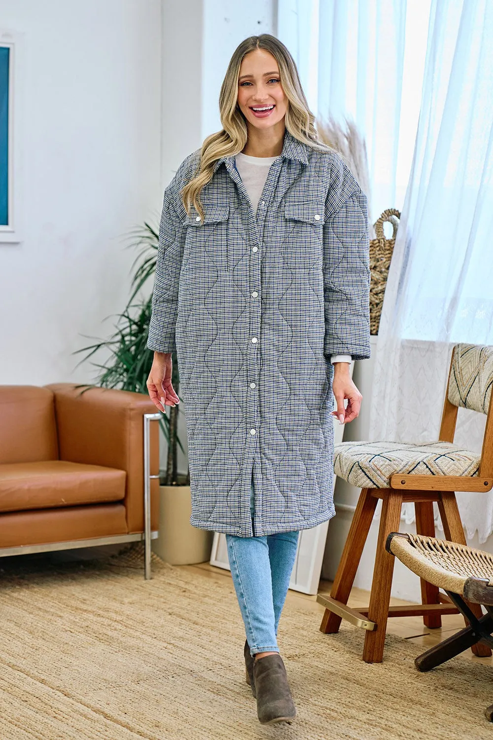 Women's Onion Quilted Checker Cotton Padded Long Coat