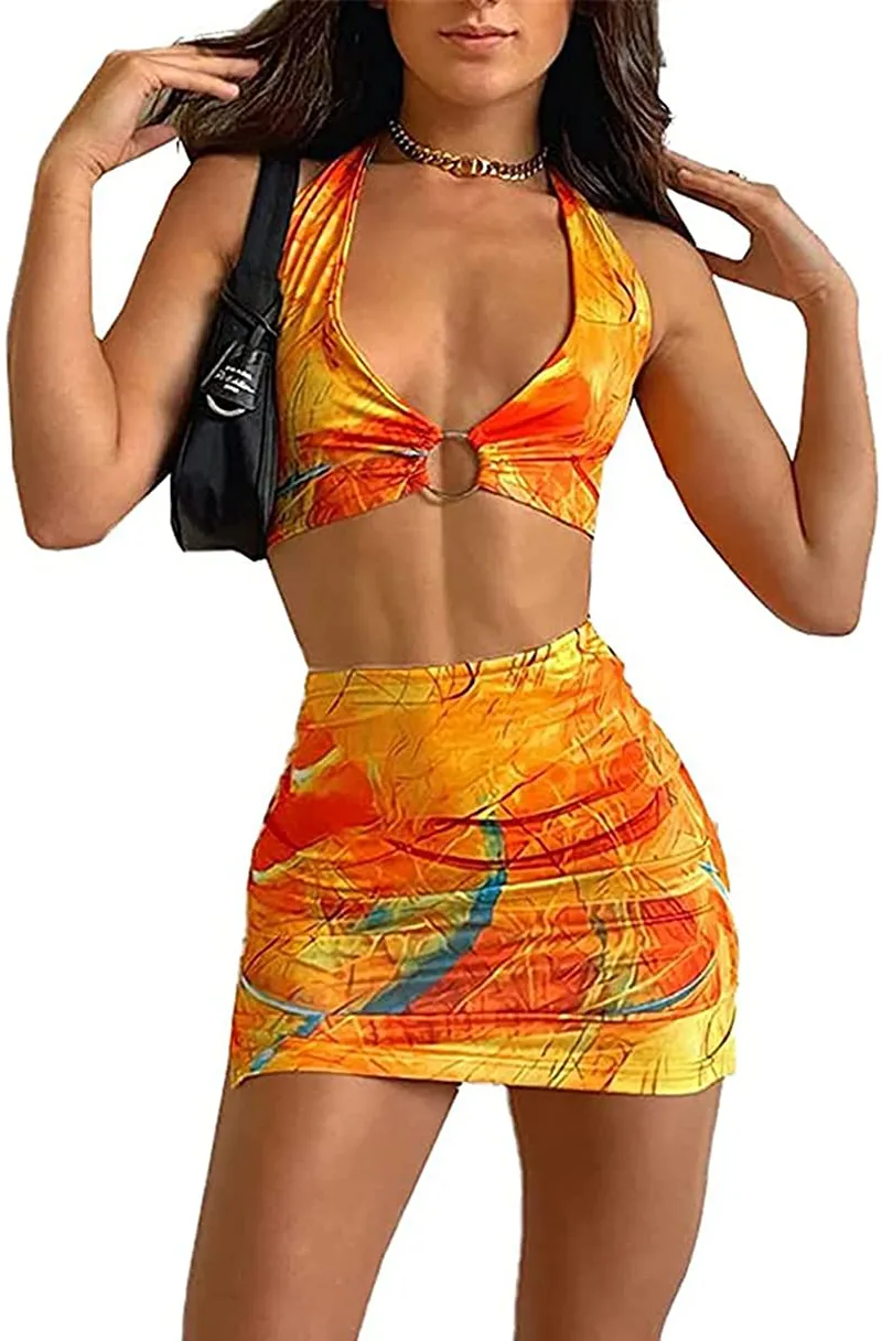 Womens Sexy Halter Tie Dye Two Pieces Sets ,Y2K Fashion Outfits Sleeveless Tops and Short Skirt