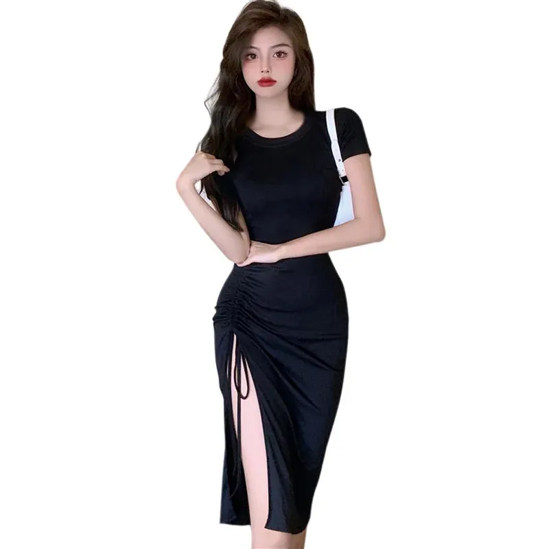 Women's Wrap Hip Dress Summer Drawstring Ruched Short Sleeve Slit Hem Bodycon Dress