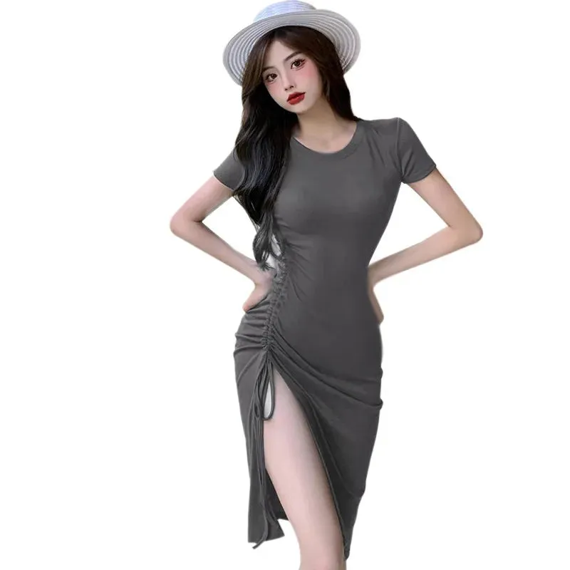 Women's Wrap Hip Dress Summer Drawstring Ruched Short Sleeve Slit Hem Bodycon Dress