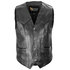 Xelement 201 Black Motorcycle Leather Vest for Men - 100% Genuine Light Weight Premium & Durable Thick Cowhide Biker Club Vest With 4 Snap Button Closure and Conceal Carry Pockets