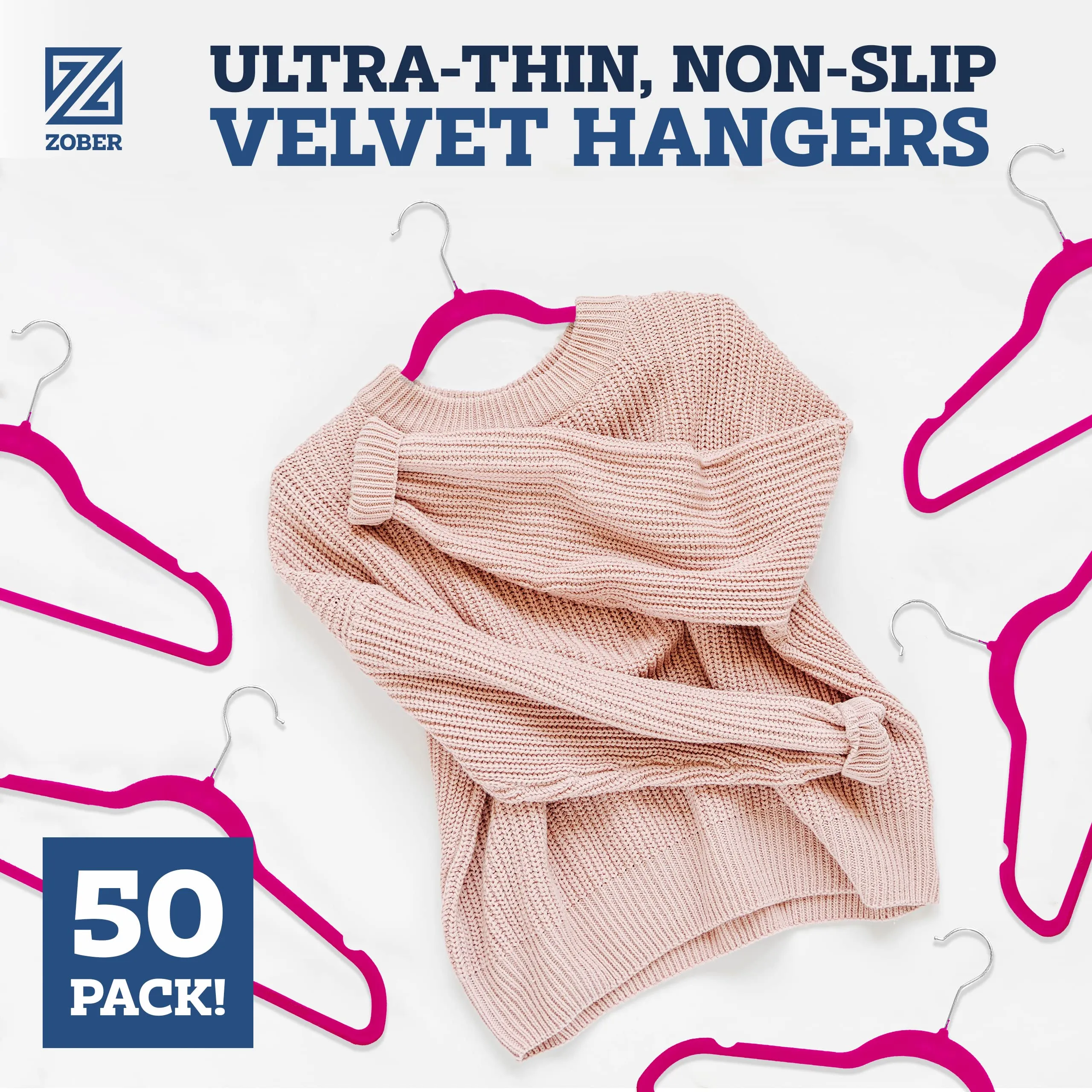 Zober 50 Pack Pink Velvet Hangers Heavy Duty Non Slip Space Saving Design